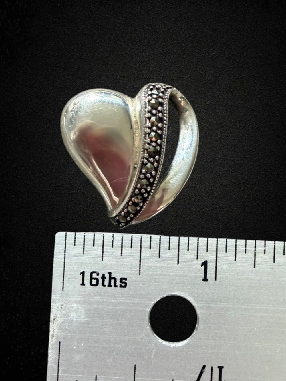 Vintage 925 Sterling Silver Marcasite Heart Slide Pendant Enhancer 5.2g - Picture 2 of 7